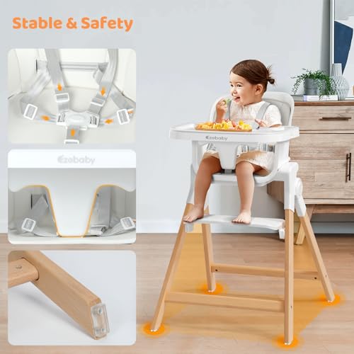 Ezebaby Folding Wooden High Chairs, 3-in-1 Convertible Baby High Chair, Dining Booster Seat, Toddler Chair, Easy Clean High Chairs for Babies and Toddlers with Large Adjustable Tray- Solid White