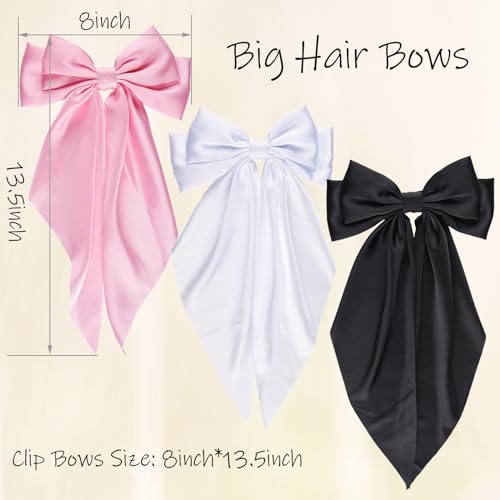 Wdnew 3Pcs Large Satin Hair Bows for Women - Bow Clips, Hair Barrettes and Accessories (3 count, Black Pink White)