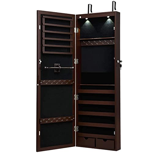 Giantex Jewelry Armoire Wall Door Mounted, Lockable Jewelry Cabinet with 42.5'' Full Length Mirror, 2 LEDs Jewelry Organizer Box with 2 Drawers, Mirror with Jewelry Storage (Espresso)