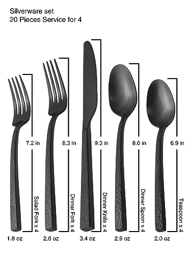 Alata Ripple 20-Piece Black Silverware Set Stainless Steel Flatware Set,Service for 4,Cutlery Set,Dishwasher Safe