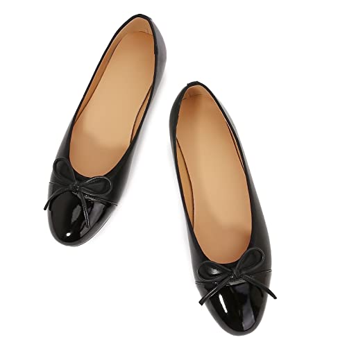 VivaLaver Women's Cap Toe Ballet Flats Two Tone Bow Flats Round Toe Shoes for Women Slip on Casual, Work, Dress Flats Pumps for Women Black Size 11