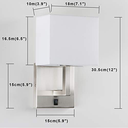 PERMO Single Wall Sconce Light Fixture Brushed Finish with White Textile Shades and On/Off Switch Button Small Modern Nightstand Lamps for Bedrooms Bedside Reading
