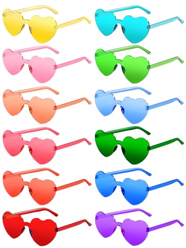 AGGKKY 12 Pairs Heart Shaped Sunglasses for Women Girl Colorful Rainbow Sunglasses Rimless Fun Trendy Transparent Heart Sunglasses Party Favor