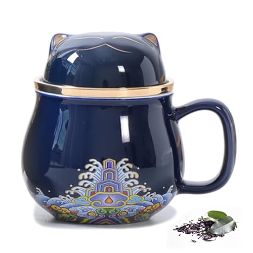 DEARART Beautiful Tea Mug and Lid Filter, 10.8oz Tea Cups Easy to Clean Keep Tea Hot, Steeping Loose Leaf Tea Bag, Coffee, Milk, Cute Cat, Dark Blue