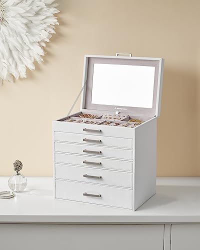 SONGMICS Jewelry Box, 6-Tier Jewelry Organizer, Large Jewelry Case with Big Mirror, 5 Drawers, Large Capacity, Jewelry Storage, Modern Style, Gift for Loved Ones, White UJBC138