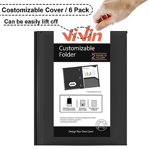 ViVin Heavy Duty Pocket Folder with Prongs, 6 Pack, 2 Pockets Plastic Folder, with Clear Front Pocket and Stay-Put Tabs, Hold US Letter Size Page, for Office and School - Black