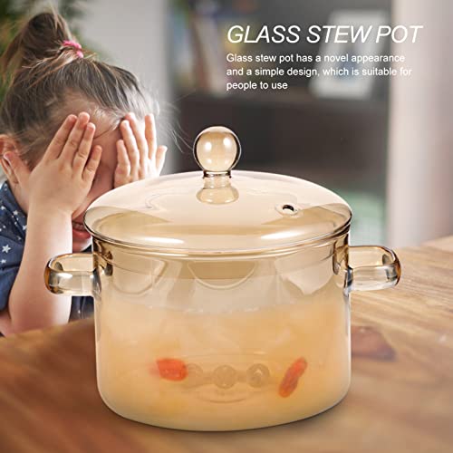 Vaguelly Glass Pot, Clear Glass Cooking Pot Saucepan with Lid, 1500mL Simmer Pot Stew Pot Microwave Stove and Dishwasher Safe Double-Handle Cookware for Milk Pasta Noodles Soup, Amber