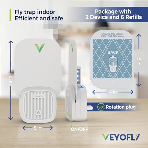 VEYOFLY Fly Trap Indoor, Fruit Fly Traps for Indoors, (2 Device + 6 Refills) Gnat Traps for House Indoor, Fly Catcher Indoor, Safer Plug in Light Flying Insect Trap, Bug Light Killer, Fly Trap