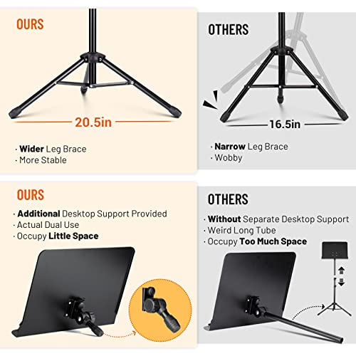 CAHAYA 5 in 1 Heightened Dual-use Sheet Music Stand & Desktop Book Stand Metal Portable Solid Back with Height Adjustable from 31.4-67in Including Carrying Bag, Sheet Music Folder & Clip CY0304