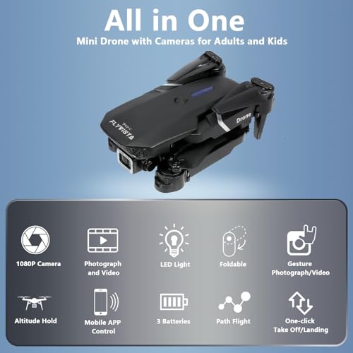 FLYVISTA Mini Drone with Camera for Adults Kids, 1080P WiFi FPV Camera Drone with 3 Batteries, One-Click Take Off/Landing, Altitude Hold, Headless Mode, 360° Flips, 3-Gear Speeds, Emergency Stop, Carrying Case, Toys Gifts for Kids and Adults Beginner