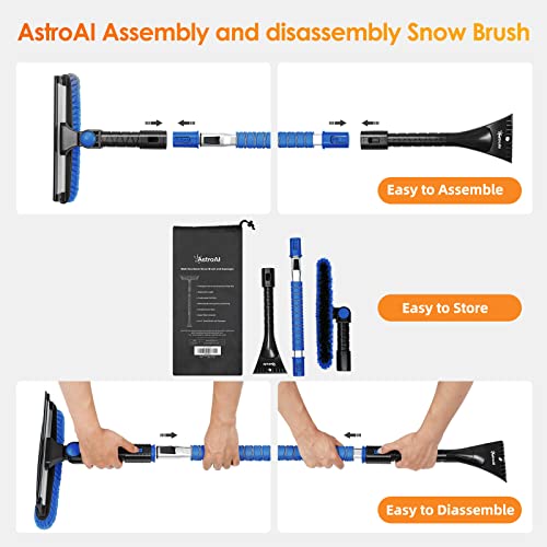 AstroAI 47.2" Ice Scrapers for Car Windshield, 3 in 1 Sturdy Snow Brush with Squeegee, 10 Adjustable Length Settings, Extendable Aluminum Handle, 180° Pivoting Snow Scraper for Car, Truck, SUV(Blue)