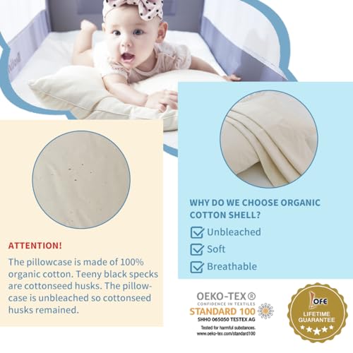 LOFE Organic Pillow with Pillowcase - 13x18 Toddler Pillow with 100% Organic Cotton Shell, Adjustable Loft Organic Toddler Pillow, Machine Washable, Soft, Perfect for Toddlers&Kids&Travel