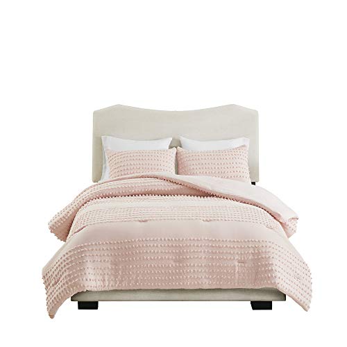 Comfort Spaces Cotton Comforter Set Jacquard Pom-Pom Tufts Design, Down Alternative, All Season Modern Bedding, Matching Shams, Twin/Twin XL, Phillips, Blush