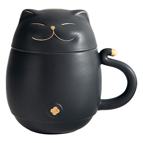 HEER Ceramic Tea Cup with Infuser and Lid, Cute Lucky Cat Coffee Mug Gift for Cat Lovers, Chinese Loose Leaf Tea Steeper. (Black)