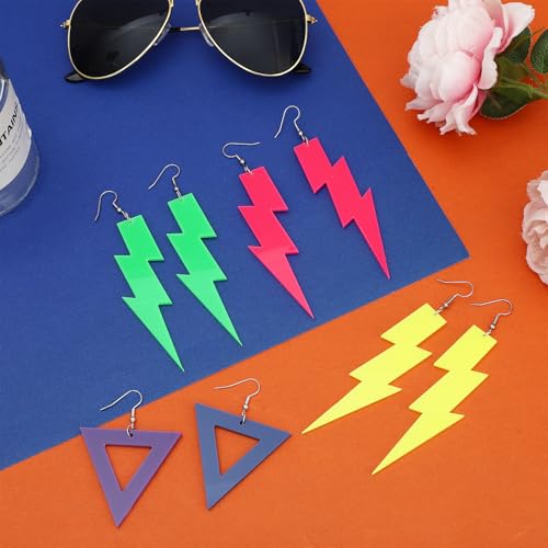 NEWITIN 12 Pairs 80s 90s Neon Earrings for Women Long Lightning Earrings Retro Acrylic Drop Dangle Earrings Star Circular Jewelry Lightning Drop Earrings for 80s 90s Party