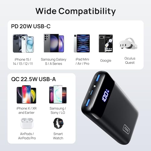 INIU Portable Charger, 22.5W 20000mAh USB C in & Out Power Bank Fast Charging, PD 3.0+QC 4.0 LED Display Phone Battery Pack Compatible with iPhone 15 14 13 12 Pro Samsung S21 Google iPad Tablet, etc.