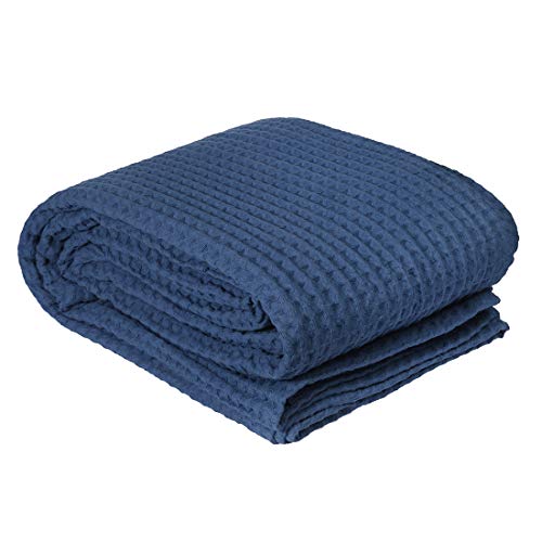 HILLFAIR 100% Combed Cotton Blanket– Twin Size Bed Blankets– Warm Soft All Season Breathable Lightweight Summer Blankets– Waffle Weave Home Decor Bed Blanket- Navy Twin Bed Cotton Blankets/Bedcovers