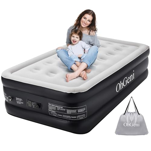 OhGeni Twin Air Mattress with Built in Pump for Guest, 18" Tall Colchon Inflables Blow Up Air Bed with Carrying Bag for Camping, Raised Elevated Double Airbed, Foldable&Portable Air Mattress, Black