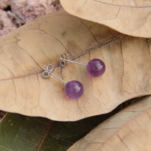 Natural Amethyst Earrings Sterling Silver - 6mm Amethyst Gemstone Stud Earrings, Purple Healing Crystal Earrings Handmade Birthstone Jewelry Gifts