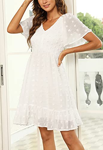 Zattcas Womens 2024 Spring Summer Beach Boho Swiss Dot Smocked Dress Short Sleeve Mini Graduation Bridal Shower Maternity Wedding Guest Dress Dusty Rose S