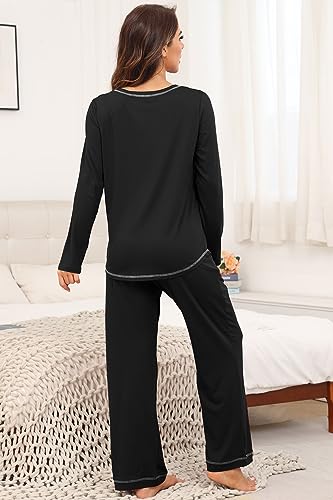 PrinStory Women's Pajama Set 2024 Lounge Sets Long Sleeve Sleepwear Soft 2 Piece Pjs with Pockets FP-Black Moon Ghost-M