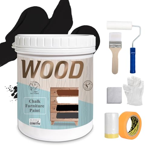 SIX FOXES Matte Chalk Paint Furniture Paint Kit (With Tools) - [35Oz, licorice black] 50-55sq.ft/Twice. Water-Based, Non-Toxic & Odorless of Wood Paint, for Cabinets, Doors, Tables, Easy to Apply