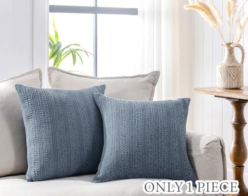 COCOPLOCEUS 1pc 18x18 Throw Pillow Cover Boho Decorative Pillow Shams Stone Washed Cotton Pillowcase Waffle Square for Couch Sofa Chair Bed Car, Blue Grey