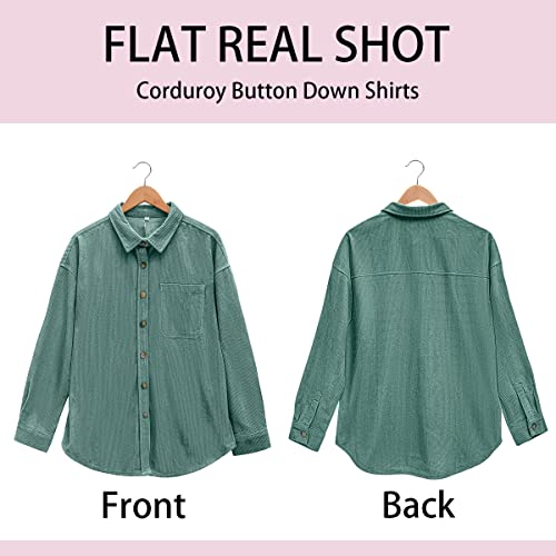QIXING Womens 2024 Corduroy Button Down Shirt Casual Oversized Long Sleeve Blouses Tops Green-M
