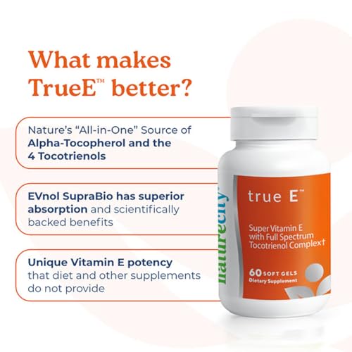 NatureCity True-E Full Spectrum Tocotrienols Vitamin E & Natural Alpha Tocopherol Supplement | Sustainable Vitamin E Tocotrienols from Evnol Suprabio | Non-GMO Vitamin E Complex | 60 Soft gels