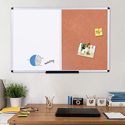 VIZ-PRO Magnetic Dry Erase Board and Cork Notice Board Combination, 36 X 24 Inches, Silver Aluminium Frame