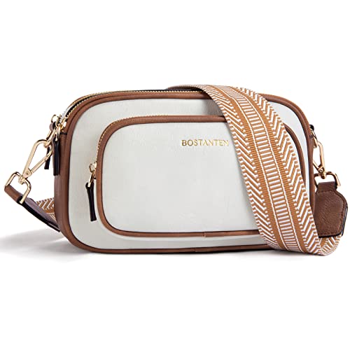 BOSTANTEN Crossbody Bags for Women Leather Cell Phone Purse Shoulder Handbags with Wide Strap Beige with Brown