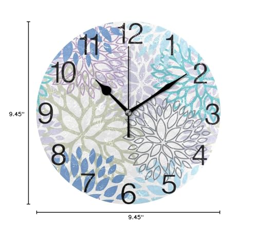 White Dahlia Round Wall Clock, Silent Non Ticking Oil Painting Decorative for Home Office School Clock Art, Blue Grey And Purple