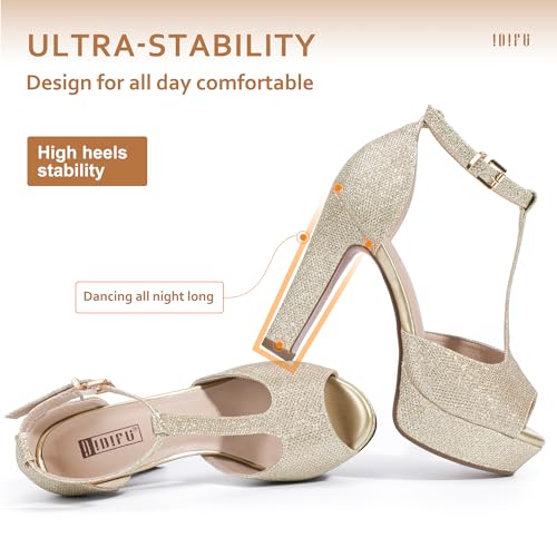 IDIFU Women's IN5 Polly Platform Chunky High Heels T-Strap Sexy Sandals Peep Toe Wedding Party Prom Dress Shoes for Women Bride (Nude Nubuck, 10 M US)