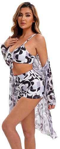 Yknktstc Womens 3 Pieces Bikini Set Swimsuit Tropical Beach Cover up Kimono Swimwear Bathing Suit with Boy Shorts M 03