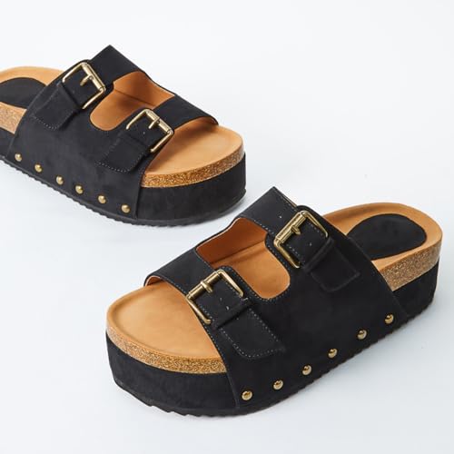 Yishaweiqi Women's Metallic Silver Platform Sandals Comfortable Cork Footbed Studded Flatform Sandals Adjustable Buckle Straps Flat Clogs Slide Sandals