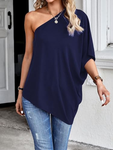 Verdusa Women's One Shoulder Dolman Sleeve Longline Tunic Tee Top Blouse Royal Blue M