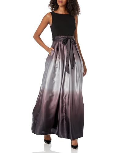 S.L. Fashions Women's Long Satin Mother of The Bride Dress with Pockets, Formal Party Gown (Petite and Regular Sizes), Black Silver, 16