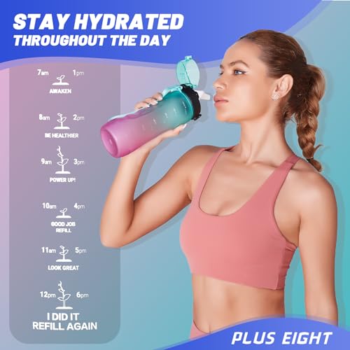 pluseight Water Bottle with Straw, 25 oz Motivational Water Bottles with Time Marker to Drink, Leak-Proof Tritan BPA-Free with Carrying Strap for Women Men Gym Fitness Outdoor (Green Purple)