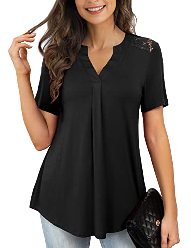 OmicGot Womens Plus Size Tunic Tops Short Sleeve Casual Blouses Flowy Henley Shirts, Purple Grey, Large