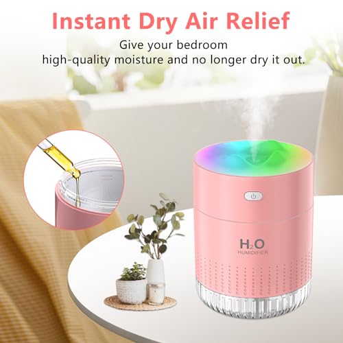 besky Small Portable Humidifiers for Bedroom, USB Rechargeable Mini Cool Mist Humidifier 2 Modes Super Quiet with Colorful Night Lamp, Suitable for Travel Office Family