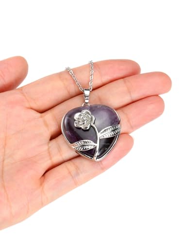 Jovivi Amethyst Crystal Heart Necklace Rose Flower Wrapped Love Heart Gemstone Healing Stone Pendant Necklaces Natural Spiritual Quartz Jewelry for Women Valentines Birthday Gifts