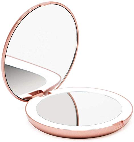 Fancii LED Lighted Travel Makeup Mirror, 1x/10x Magnification - Daylight LED, Compact, Portable, Large 5" Wide Illuminated Folding Mirror (Lumi) Rose Gold