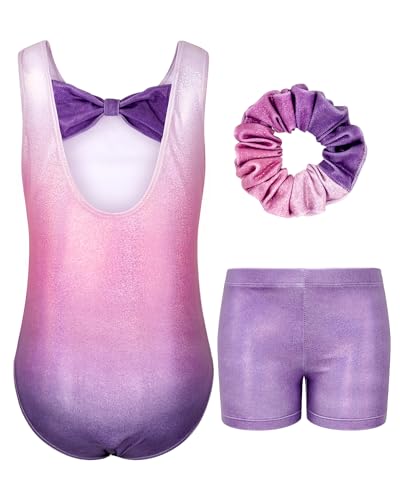 JiAmy Gymnastics Leotards for Girls with Bow Back, Sparkly Dance Unitards with Shorts Ballet Biketards Outfit Gradient Red 3-4 Years