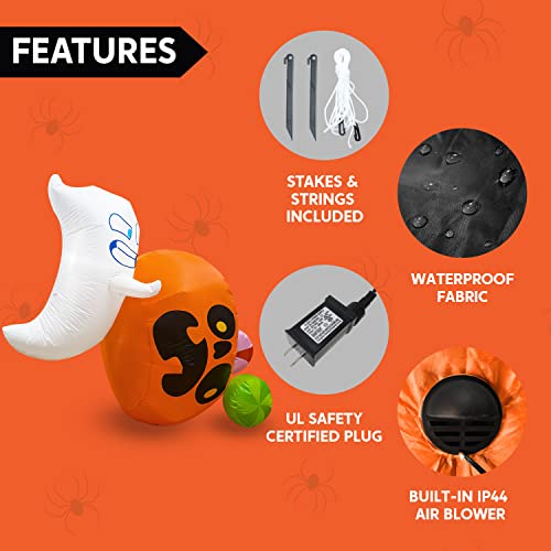 Joiedomi 5 ft Tall Halloween Inflatable Outdoor Decoration, Halloween Blow Ups Cute Ghost Ghosts Halloween Decorations, Blow Up Ghost with Pumpkin Candy Bag with LEDs for Halloween Decor