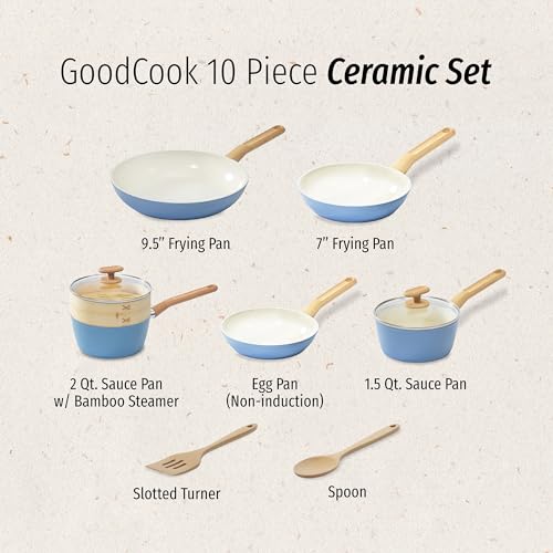 GoodCook 10-Piece Healthy Ceramic Titanium-Infused Cookware Set with Pots, Pans, Steamer, Spoon, and Turner, Nonstick Pots and Pans Set for Kitchen, Light Blue