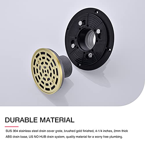 4 1/4 Inch Round Shower Floor Drain Grate with 2 Inch Threaded Adaptor and Drain Base Flange, Brushed Gold