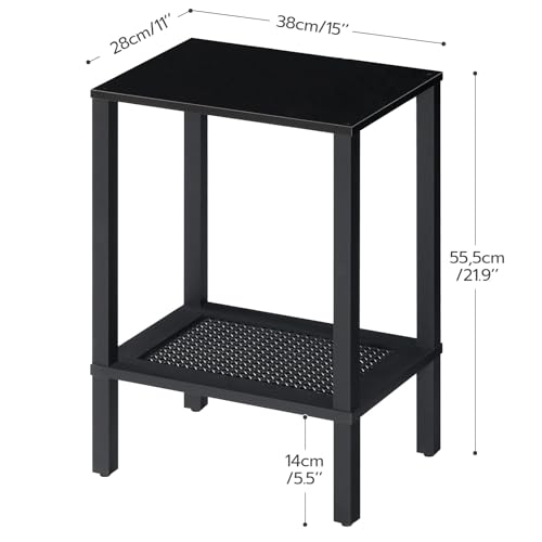 HOOBRO End Table, Small Side Table with 2-Tier Storage Shelves, Tall Nightstand with Faux Rattan Decoration, Sofa Table for Small Space, Beside Table for Living Room, Bedroom, Black BK91BZ01