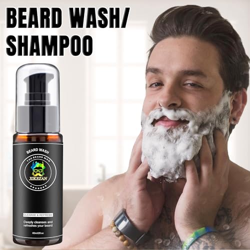 XIKEZAN Beard Kit - Includes Beard Wash, Serum (2 Pack), Oil, Balm, Comb, Brush, Scissors, Bag, E-Book - Ideal Stocking Stuffer Gifts for Men, Him,Boyfriend Husband,Dad