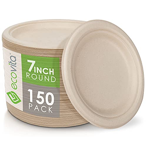 Ecovita 100% Compostable Paper Plates [7 in.] – 150 Disposable Plates Eco Friendly Sturdy Tree Free Liquid and Heat Resistant Alternative to Plastic or Paper Plates