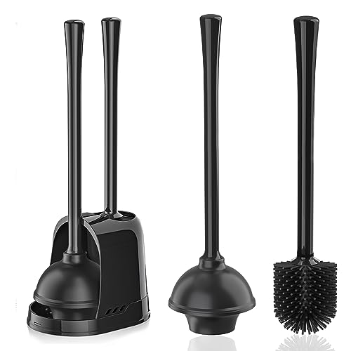 LOVLOY Toilet Plunger and Brush, Silicone Bowl Brush and Heavy Duty Toilet Plunger Set with Ventilated Holder, 2-in-1 Toilet Brush and Plunger Combo for Bathroom Cleaning (Black, 1 Set)